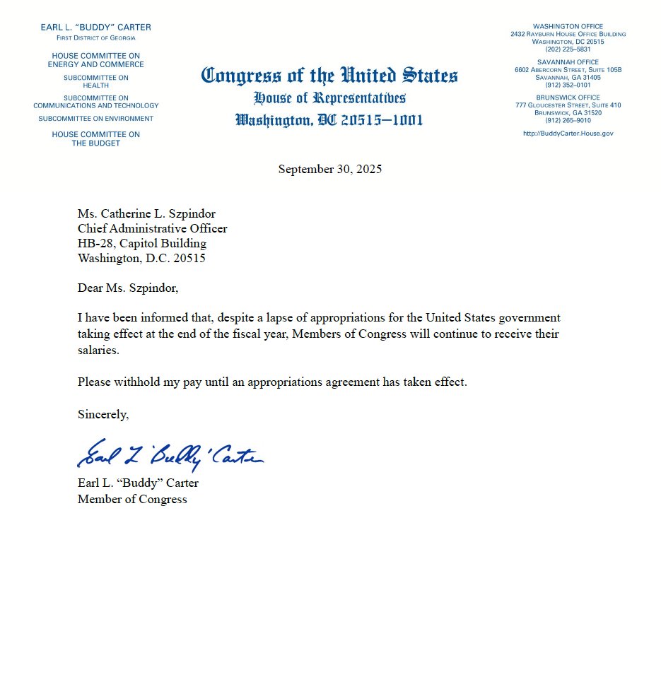RepBuddyCarter's tweet photo. Members of Congress shouldn’t be paid during a Schumer Shutdown.

I’m forgoing my pay until an appropriations agreement is enacted, and I’m calling on Georgia’s Senators – who shoulder the blame for this shutdown - @SenatorWarnock and @SenOssoff to do the same. https://t.co/yeENWAoaew