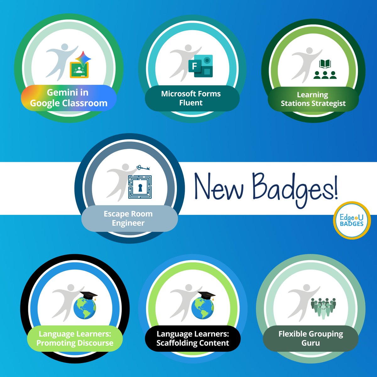 Fresh skills, fresh badges! 🎉 

Level up your teaching game with our newest badges, now available in Edge•U. Which one are you earning first? 

Tell us in the comments! Then head to edgeubadges.com to get started. 

#EdgeU #ProfessionalDevelopment #NewSkills  #EdTech
