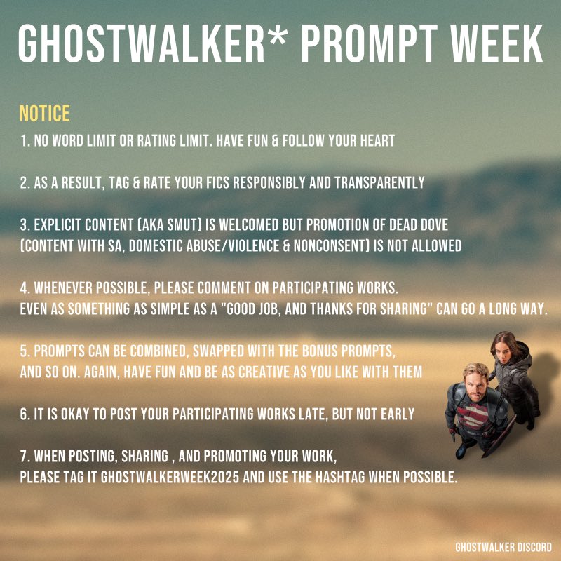 jellybees1's tweet photo. all john walker and ava starr fans, join us for #Ghostwalkerweek2025 !!
taking place oct 31-nov 6, prompts & rules below
please share and spread awareness 👻🌮
#ghostwalker #johnava #starrwalker #ghostagent https://t.co/Nz3DD4XYbr