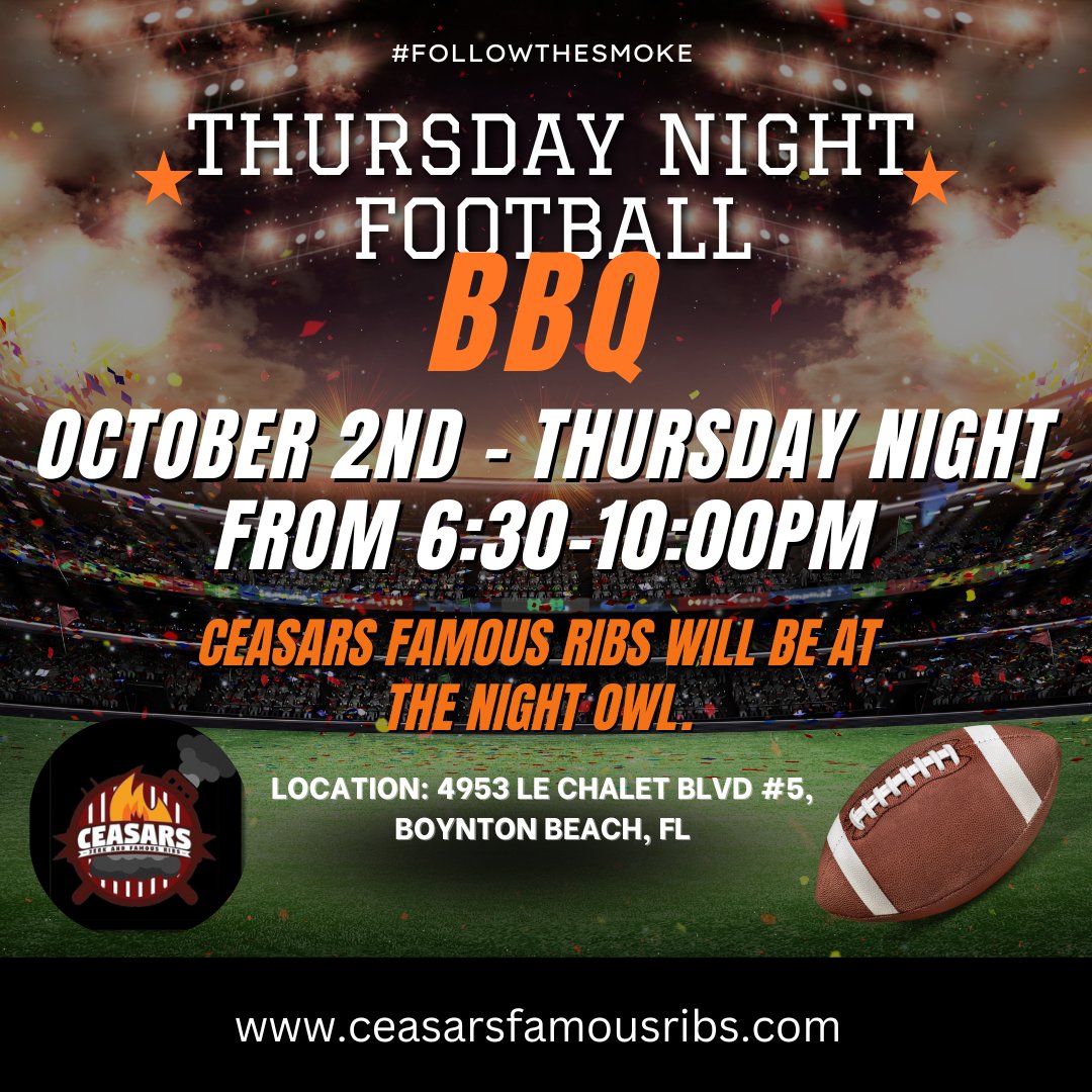 CeasarsRibsFL's tweet photo. Who's ready for some FOOTBALL AND RIBS?!  See you tonight!  Swing by The Night Owl for football, cold drinks, and Ceaser’s Famous Ribs! 📍4953 Le Chalet Blvd #5, Boynton Beach #TheNightOwlBBQ #FootballNights #BoyntonBeachEats #CeasersFamousRibs #MondayNightFootball https://t.co/PW91bNlVSX