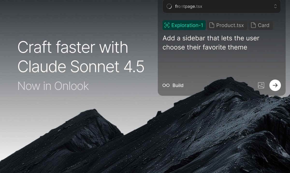 Onlook (YC W25) (@onlookdev) on Twitter photo Claude Sonnet 4.5 is now the default model in Onlook
go craft something incredible ✨ Claude Sonnet 4.5 is now the default model in Onlook
go craft something incredible ✨
