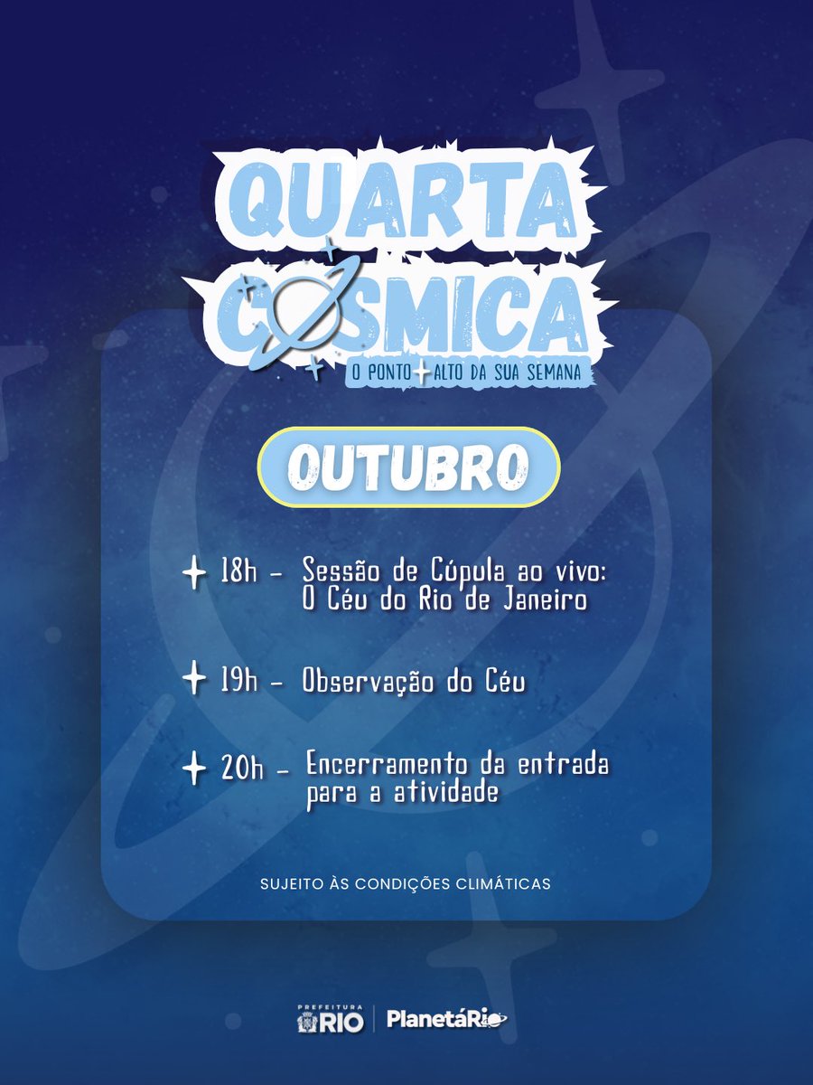 PlanetarioDoRio's tweet photo. Um mês de Quarta Cósmica só com Observação do Céu? Não precisa se beliscar, é real! 🔭

Neste mês, todas as quartas-feiras estarão favoráveis para observação🪐

🌟 Venha aproveitar momentos incríveis com a gente! 🌟 https://t.co/lw90AGZaif