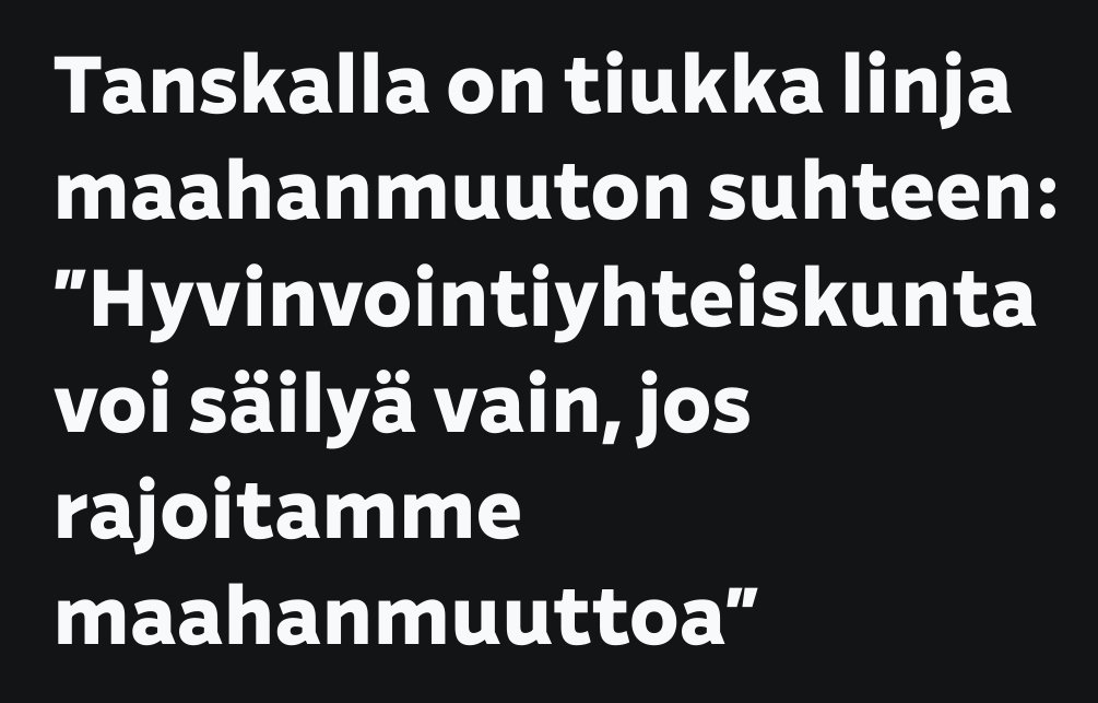 Tanskan demarit:

1) Tavoitteena nolla turvapaikanhakijaa
2) Suuri osa vähemmistöistä takaisin kotimaahansa
3) Hyvinvointiyhteiskunta voi säilyä vain, jos maahanmuuttoa rajoitetaan
4) Maahanmuuttajien on elätettävä itsensä ja perheensä
5) Islamisaatio on painajainen

Lähde alla