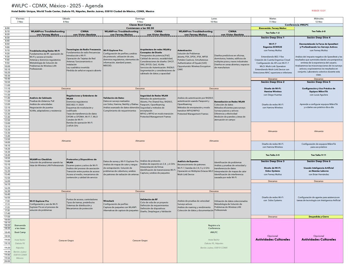 Agenda for #WLPC México 2025. @WirelessLANPros come together in #LatAm for a week full of #WiFi Ferney Munoz delivers WLANPros Wi-Fi Troubleshooting, Victor Bautista from <a href="/Cisco/">Cisco</a> delivers #CWNA Nov 8-10. Main conference Nov 11-12. Register now thewlpc.com/conferences/me…