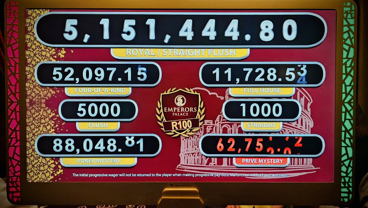 EmperorsPalace's tweet image. Congratulations to our newest multi-millionaire! 

Tonight, in the Privè, a lucky player hit the Poker Progressive Jackpot with a Straight Flush, taking home a life-changing R5 Million!

Could you be next?

#ThePalaceOfDreams #PokerJackpot #LifeChangingWin #Congratulations
18+
