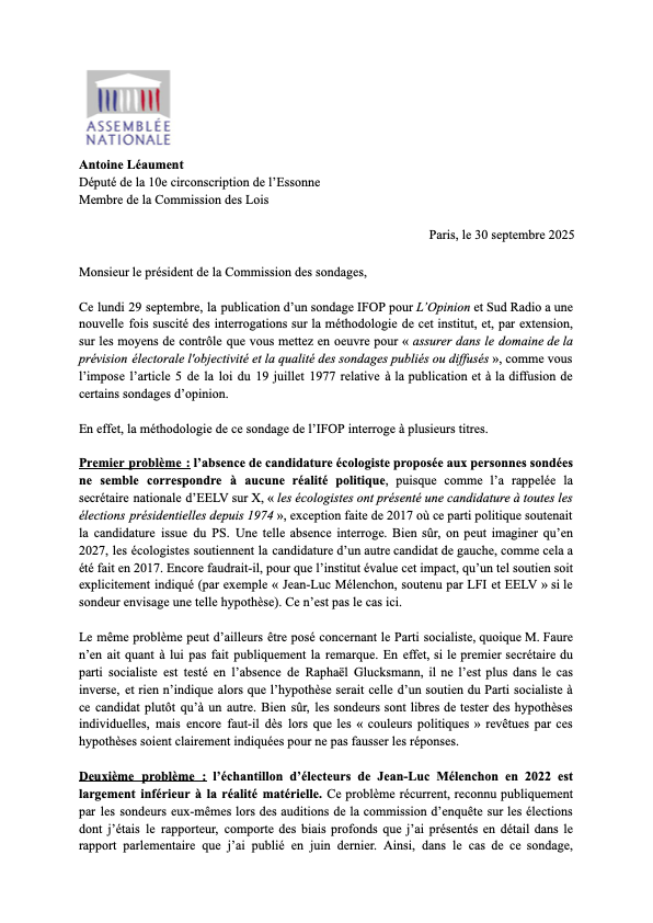 ALeaument's tweet photo. ➡️ «Oubli» de candidature
➡️ Sous-représentation de Mélenchon
➡️ Effacement d'une partie des sondés
➡️ Manipulation des chiffres 

Hier, l'IFOP a publié un sondage présidentiel dont la méthodologie était farfelue. 

J'ai donc saisi ce soir la Commission des sondages. ⤵️ https://t.co/LMunf7smDY