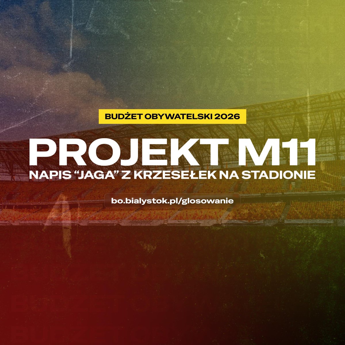 Przypominamy❗️

Projekt M11 - Napis "JAGA" ułożony z krzesełek na Chorten Arena 💪

Projekt M09 - Modernizacja boiska bocznego przy Stadionie Miejskim 🏟️

📲 Głosowanie online: bo.bialystok.pl/glosowanie
Głosowanie do wtorku, 7 października 🔚.