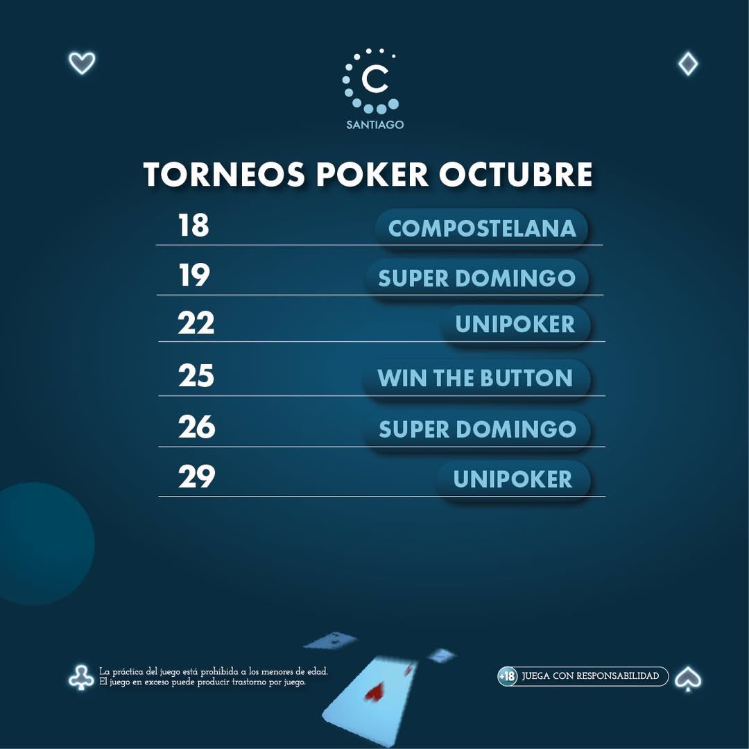 casino_santiago's tweet photo. ¡Llega octubre con novedades en el Casino Santiago! ♠️
#UNIPOKER
1, 8, 15, 22 y 29 de octubre
#MisteryBounty 4 de octubre
#EspecialXacobeo 11 de octubre
#Compostelana 18 de octubre
#WinTheButton 25 de octubre
y estrenamos el #SuperDomingo
5, 12, 19 y 26 de octubre https://t.co/b71iyaokXx