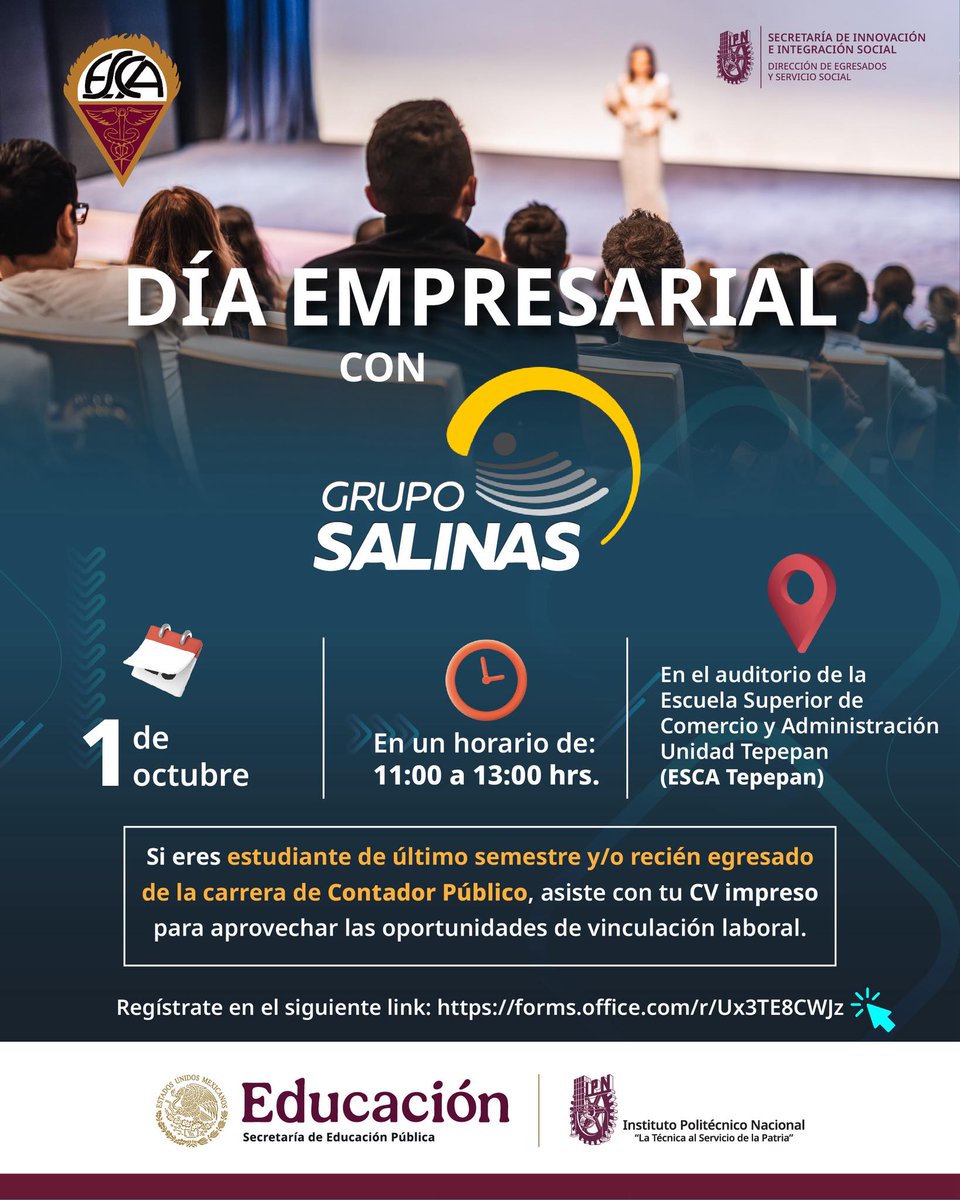 siboltra's tweet photo. 🚀¡Atención, politécnicos! 🚀
Llega el DÍA EMPRESARIAL con GRUPO SALINAS 
📅1 de octubre | ⏰11:00 a 13:00hrs | 📍Auditorio de la ESCA Tepepan
📲Lleva tu CV impreso y regístrate: https://t.co/c3P5SrY5oN https://t.co/NFfmQ0tivC