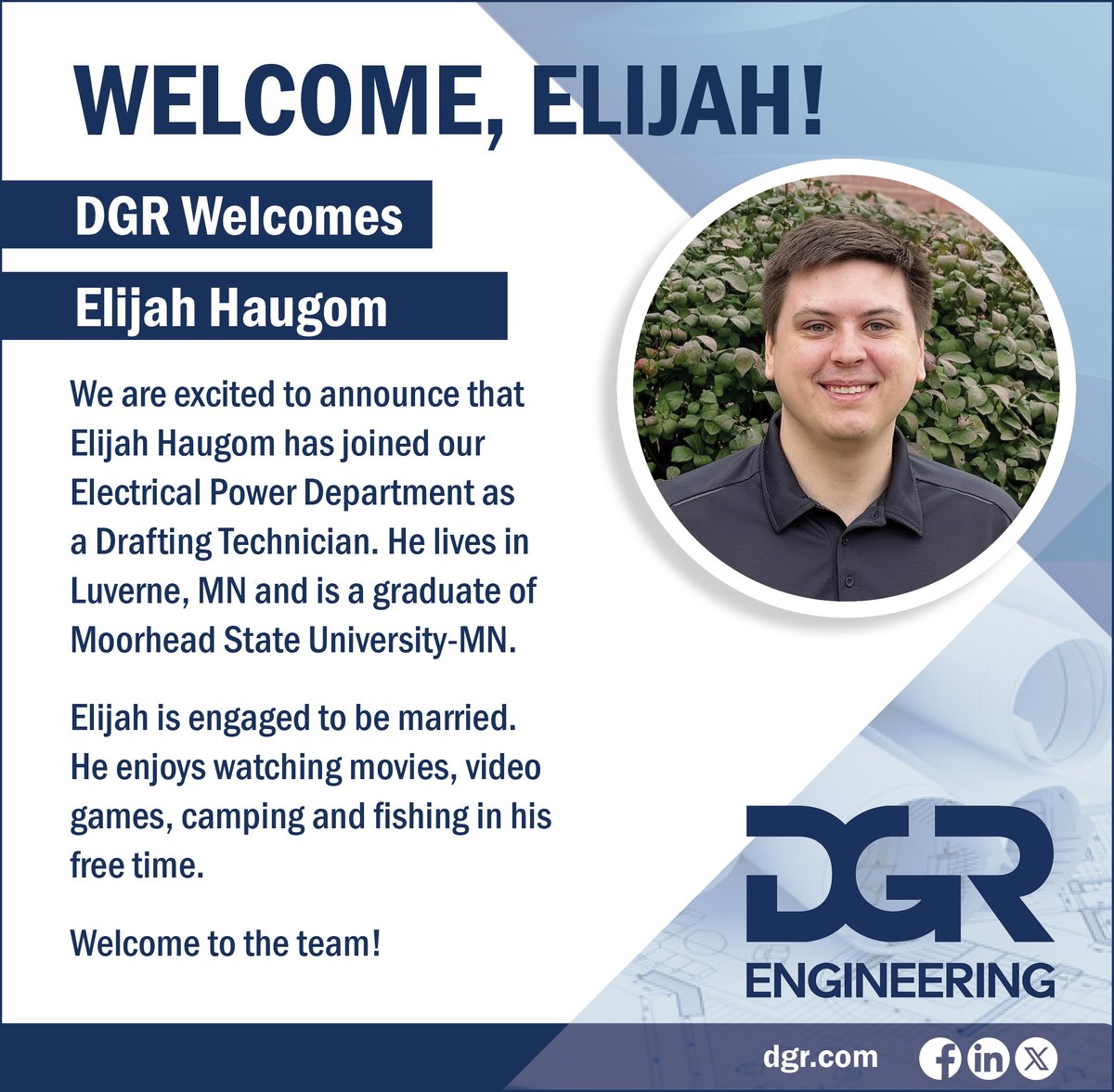 Join us in welcoming Elijah Haugom to our Rock Rapids team! #DGRSolutions dgr.com