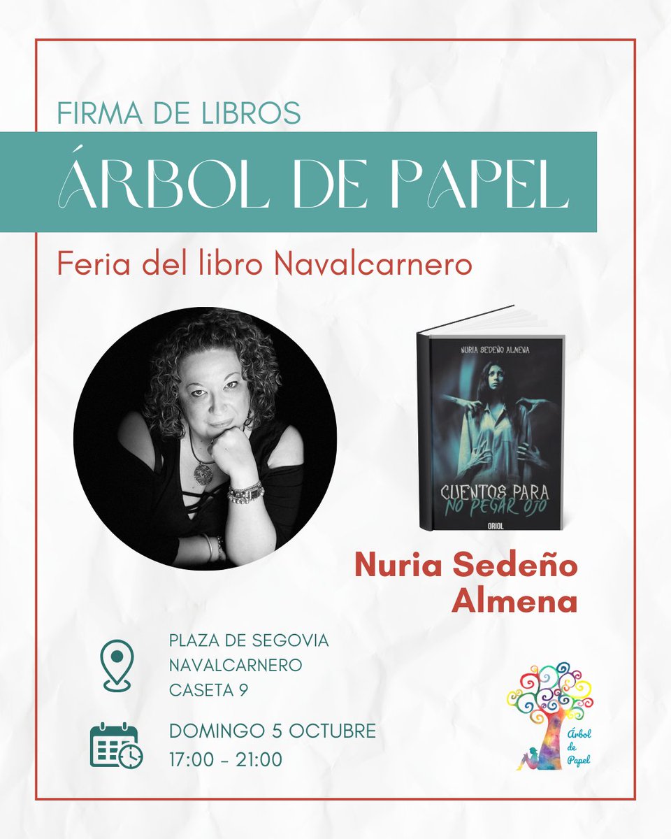 NuriaSedAlm's tweet photo. Ilusionada con esta nueva oportunidad.
Os espero a todos el domingo 5 de Octubre de 17:00 a 21:00 horas en la Feria del Libro de Navalcarnero para compartir las historias de Cuentos para no pegar ojo. https://t.co/eMOjaNVy7M