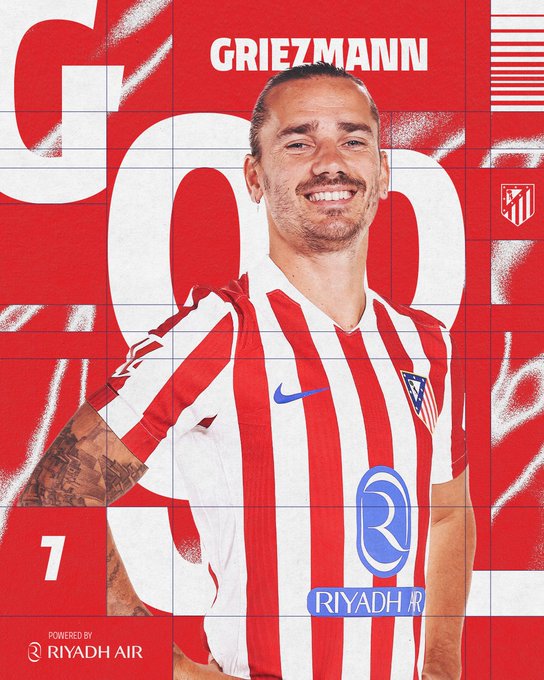 Antoine Griezmann wearing an Atlético Madrid red and white striped jersey with the number 7. The jersey has a Riyadh Air logo and a Nike swoosh. Text overlays include "GRIEZMANN" and the number 7, with the Atlético Madrid logo visible.