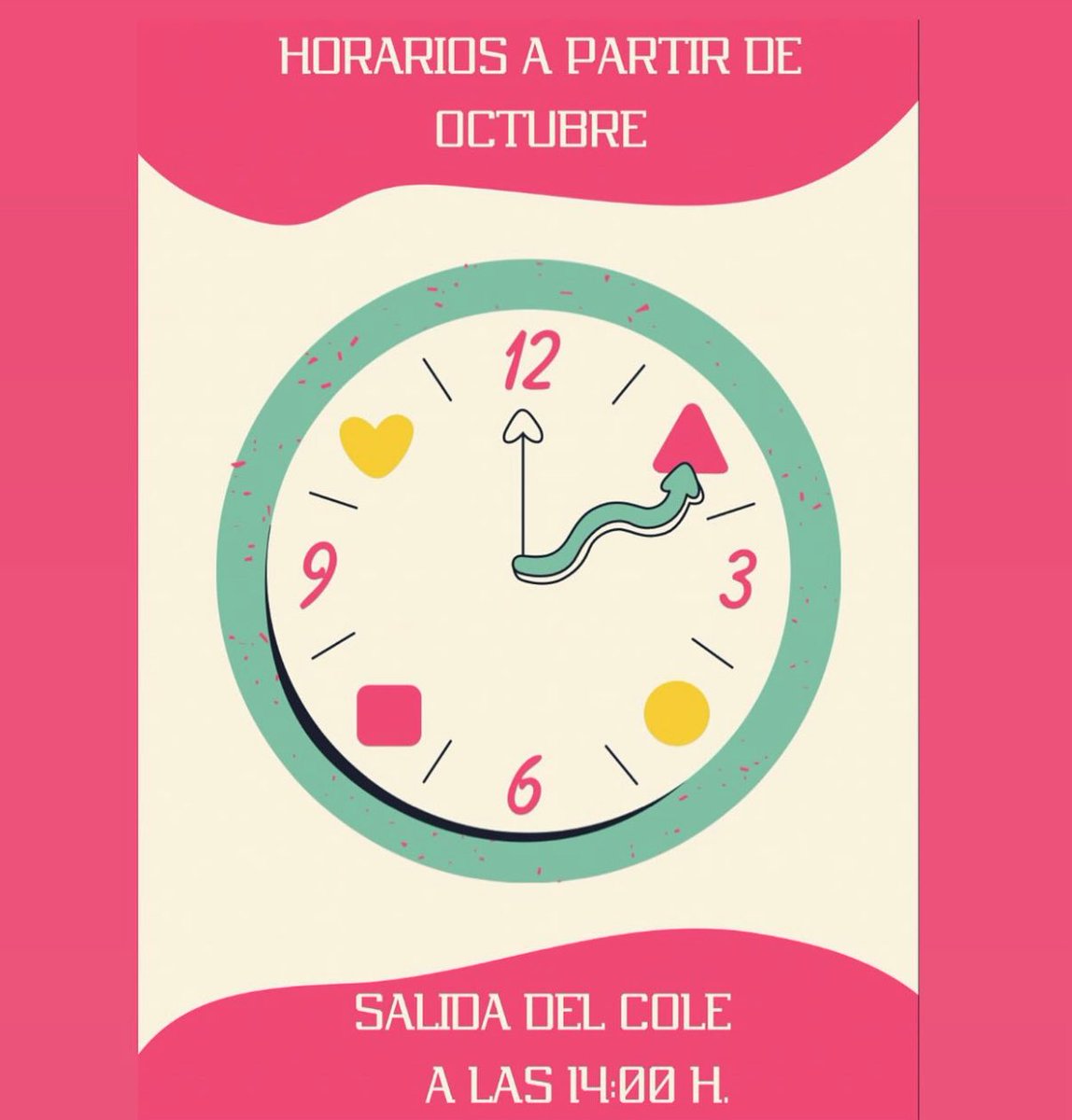 ESTIMADAS FAMILIAS: 

MAÑANA COMIENZA EL HORARIO LECTIVO NORMAL, de 9:00 h A 14.00 h.

- El horario de MADRUGADORES se mantiene de 7:30 h a 9:00 h.

- El horario de RECOGIDA DE COMEDOR ESCOLAR se RETRASA una hora, de 14:00 h a 16:00 h.

<a href="/educacyl/">Educación JCyL</a>
<a href="/cfievalladolid/">CFIE VALLADOLID</a>
<a href="/villadeiscar/">villadeiscar</a>
