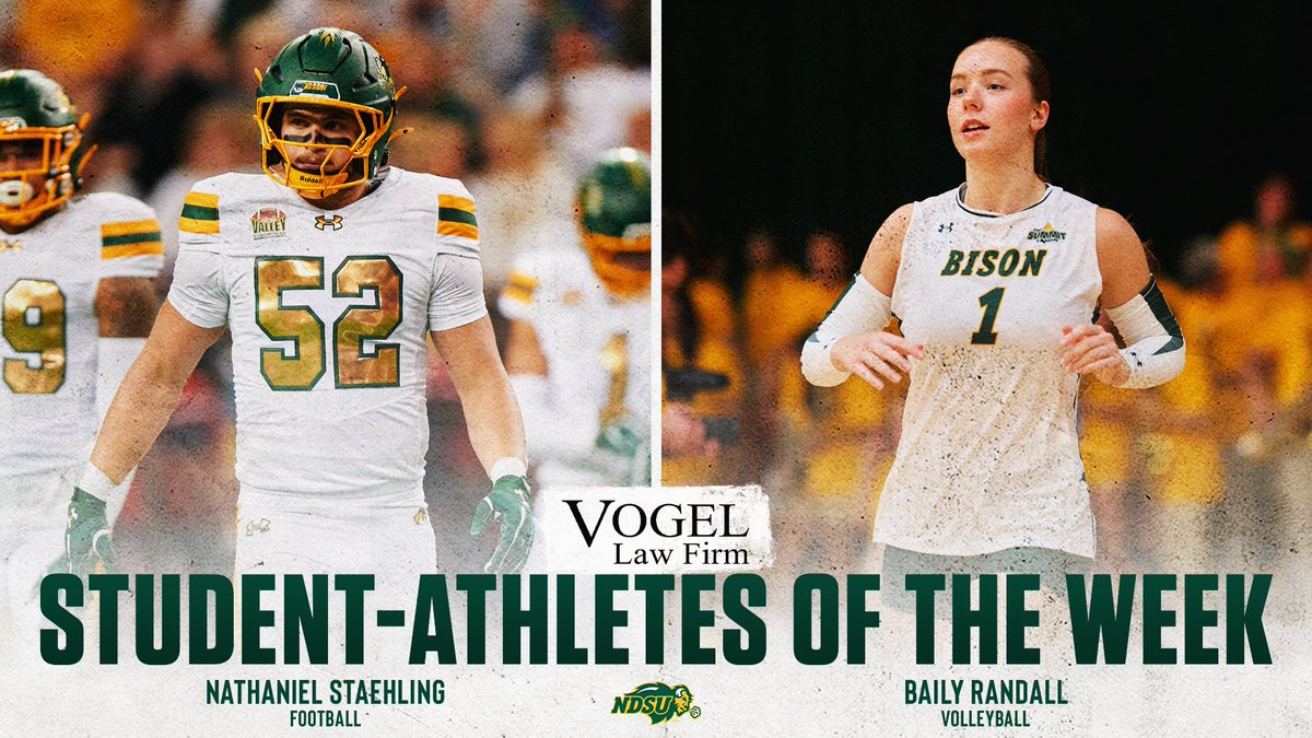 NDSU Athletics (@ndsuathletics) on Twitter photo Congratulations to our Vogel Law Firm Student-Athletes of the Week!
🏈 Nathaniel Staehling | Jr. | Baxter, MN | <a href="/NDSUfootball/">NDSU Football</a>
🏐 Baily Randall | Sr. | Sioux Falls, SD | <a href="/NDSUvolleyball/">NDSU Volleyball</a> Congratulations to our Vogel Law Firm Student-Athletes of the Week!
🏈 Nathaniel Staehling | Jr. | Baxter, MN | <a href="/NDSUfootball/">NDSU Football</a>
🏐 Baily Randall | Sr. | Sioux Falls, SD | <a href="/NDSUvolleyball/">NDSU Volleyball</a>