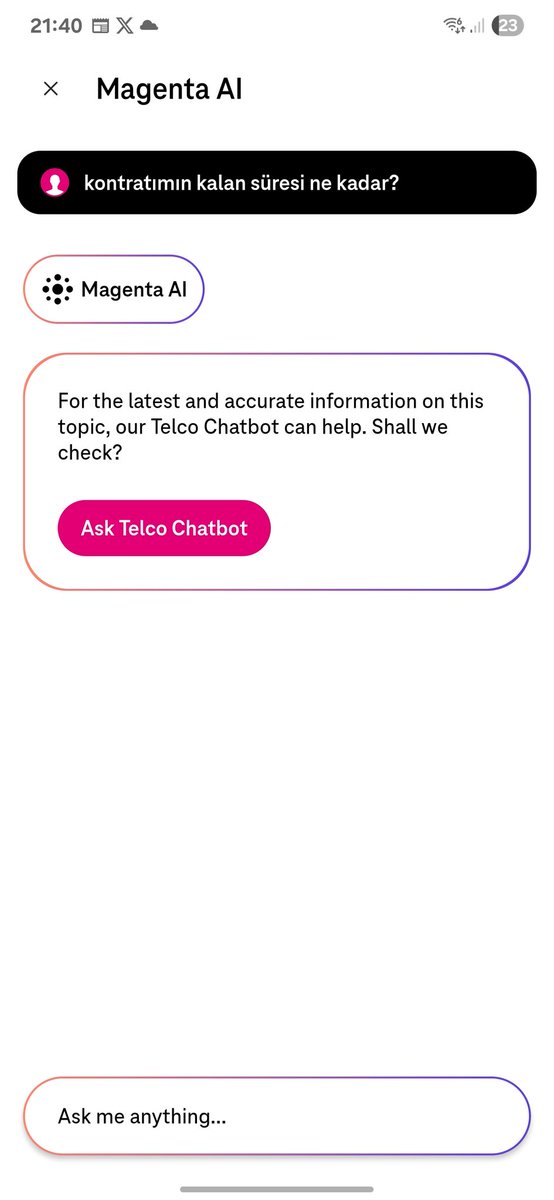 Trying new Magenta AI and it is not in the mood for talking. I got the suggestion to talk to a chatbot everytime. #magentaAI <a href="/TMobile/">T-Mobile</a>