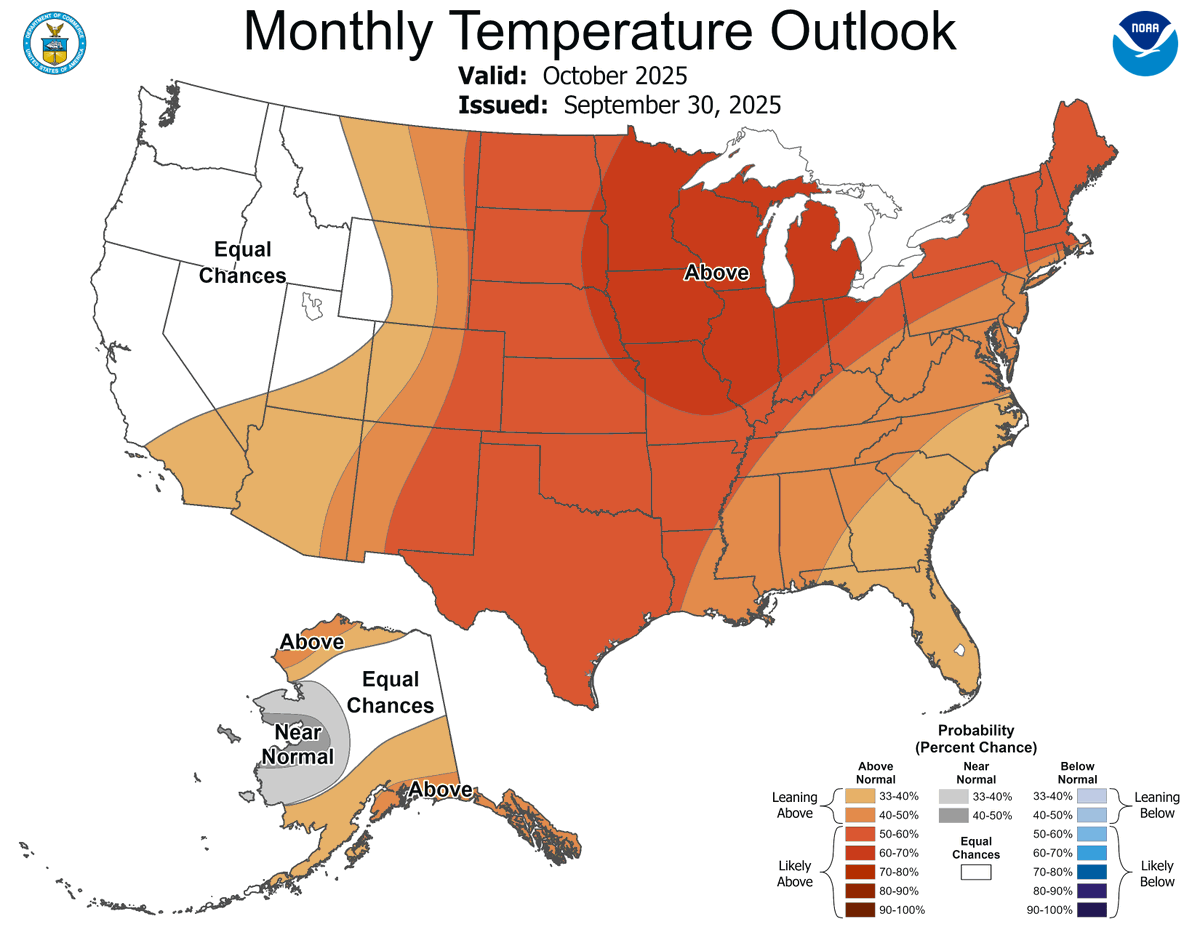 JustinMGlisan's tweet image. The final October outlooks from @NWSCPC indicate that temperatures will likely be above average with no clear precipitation signal. October's 30-year average temp. is 51.0 degrees F while #IA expects 2.69" of precipitation. #IowaAg #IowaClimate #Harvest25