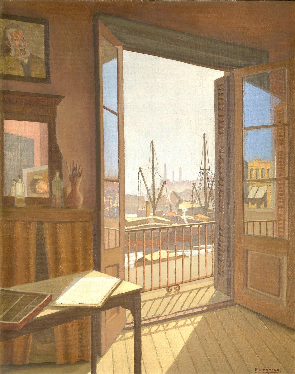 #LaObraDelDía #Metafísica En “Desde mi estudio” (1938), de Fortunato Lacámera, la ventana se convierte en protagonista y medio de comunicación. Conecta el entorno portuario boquense con el interior, el adentro y el afuera, el atelier y la ribera.