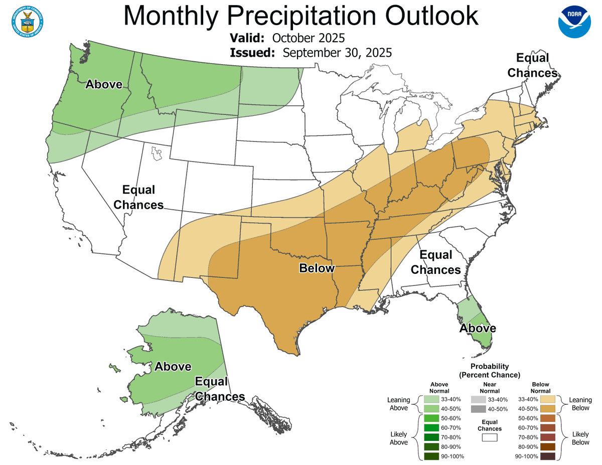 JustinMGlisan's tweet image. The final October outlooks from @NWSCPC indicate that temperatures will likely be above average with no clear precipitation signal. October's 30-year average temp. is 51.0 degrees F while #IA expects 2.69" of precipitation. #IowaAg #IowaClimate #Harvest25
