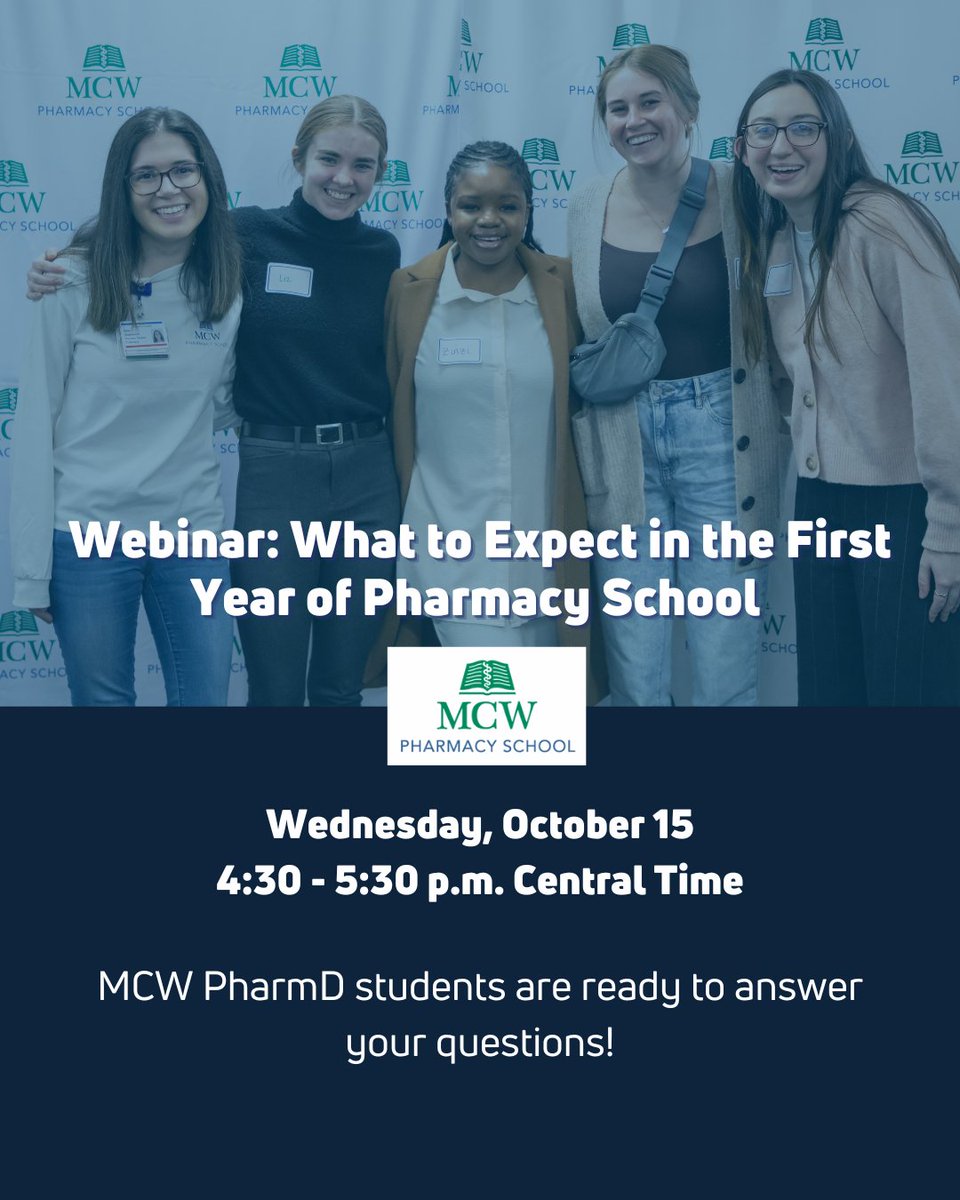 MCW #PharmD students are ready to answer your questions! Register for the webinar 'What to Expect in the First Year of Pharmacy School' on 10/15!
Register: admissions.mcw.edu/register/?id=7…

<a href="/MedicalCollege/">Medical College of Wisconsin</a> #Pharmacy #PharmacySchool #PharmacyStudent #DoctorOfPharmacy #FuturePharmacist