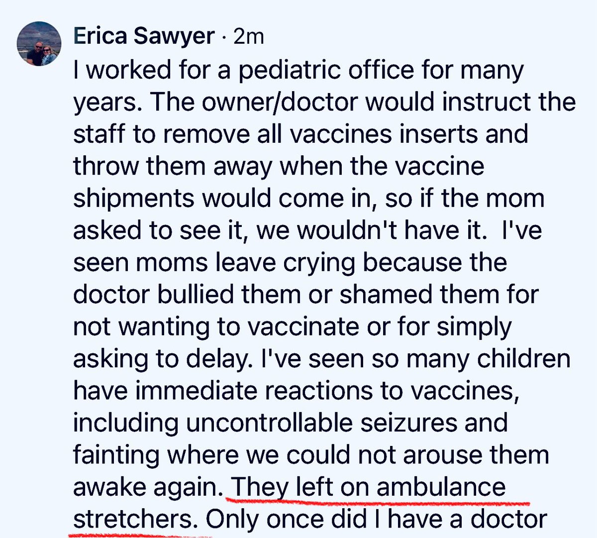 stopvaccinating's tweet photo. DEFINE “CONSPIRACY!” 👿 >>
“I worked for a pediatric office for many years. The owner/doctor would instruct the staff to remove all vaccines inserts and throw them away when the vaccine shipments would come in, so if the mom asked to see it, we wouldn't have it.  I've seen moms leave crying because the doctor bullied them or shamed them for not wanting to vaccinate or for simply asking to delay. I've seen so many children have immediate reactions to vaccines, including uncontrollable seizures and fainting where we could not arouse them awake again. They left on ambulance stretchers. Only once did I have a doctor tell me a patient was having a vaccine reaction and that was a day later when the mom called to report a "blue/purple" rash. Every other time, it was brushed off and when I would call Big Pharma to report an adverse reaction, they would send in their drug reps with  their big black book of "research" to show us how safe the vaccines really were. The same doctor that administered all the childhood vaccines and made us throw out all the inserts, was also the same doctor getting paid to diagnose Autism. Different insurance companies pay for different vaccines— it's not about the health of the child, but all about the mighty dollar. I saw it first hand.”