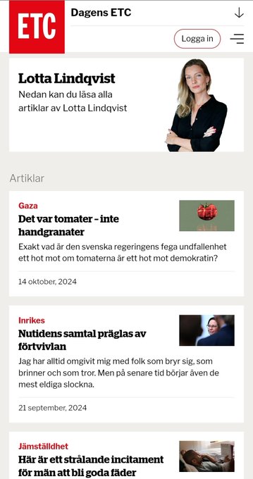 A webpage from ETC newspaper with a headline reading "Lotta Lindqvist" and text about an article by Lotta Lindqvist. Below, articles are listed with titles like "Det var tomater ? Inte handgranater" and "Nutidens samtal präglas av förtvivlan." A photo of Lotta Lindqvist shows her standing with arms crossed, wearing a dark top.