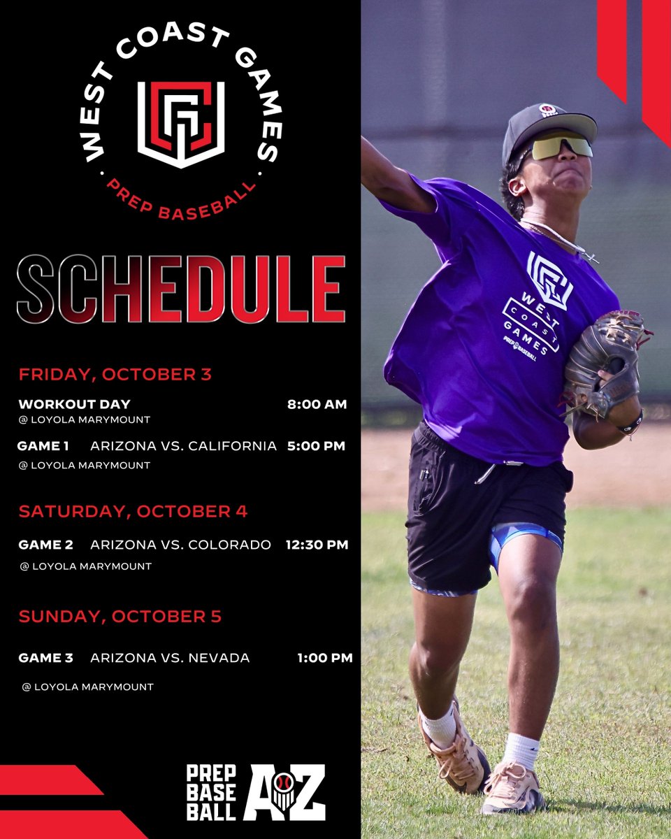 #𝗣𝗕𝗪𝗖𝗚𝟮𝟱 𝗦𝗰𝗵𝗲𝗱𝘂𝗹𝗲

Team Arizona's schedule for the 2025 West Coast Games ‼️. #beseen

Event Page 👉: loom.ly/0I63oFc /  <a href="/prepbaseball/">Prep Baseball</a>