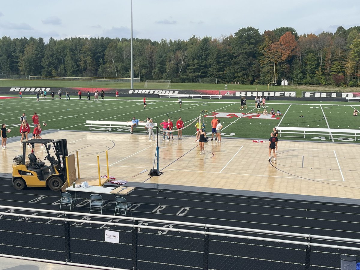 It’s happening tonight!  The court is ready on Raider Field for the GNC volleyball match between the <a href="/medfordraiders/">Medford Raiders</a> and Merrill Blue Jays. JV at 5 pm, varsity at 6:30.
