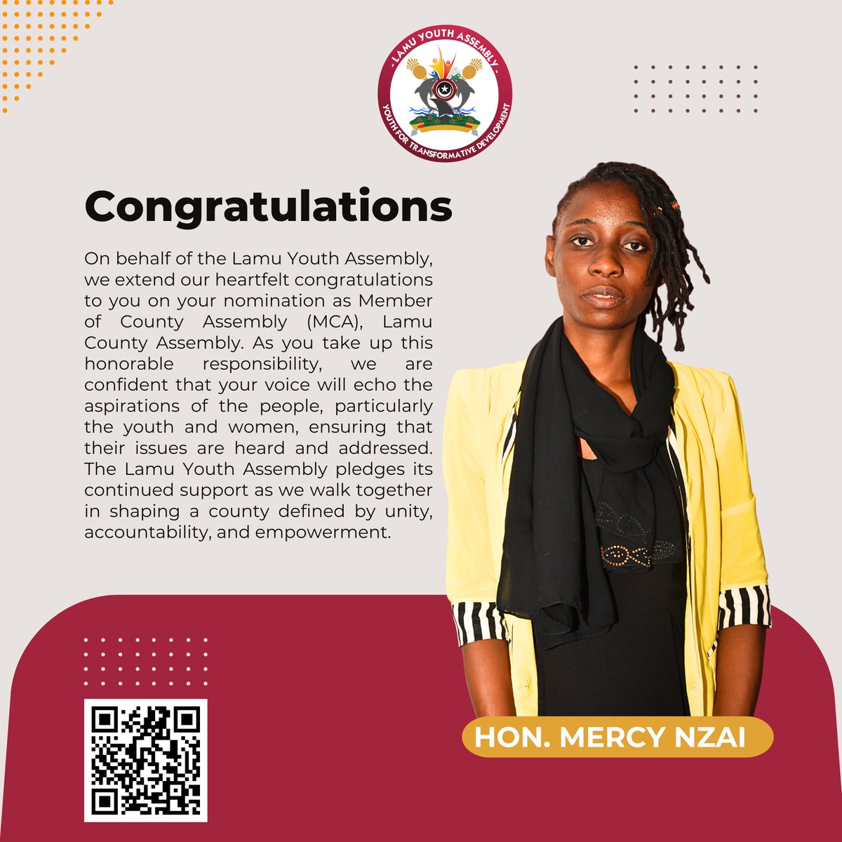 Congrats to the new MCA of Lamu County Assembly!  Your nomination inspires youth &amp; women. The Lamu Youth Assembly supports your leadership for a united, accountable Lamu. #LamuYouthAssembly #Leadership #YouthVoices
