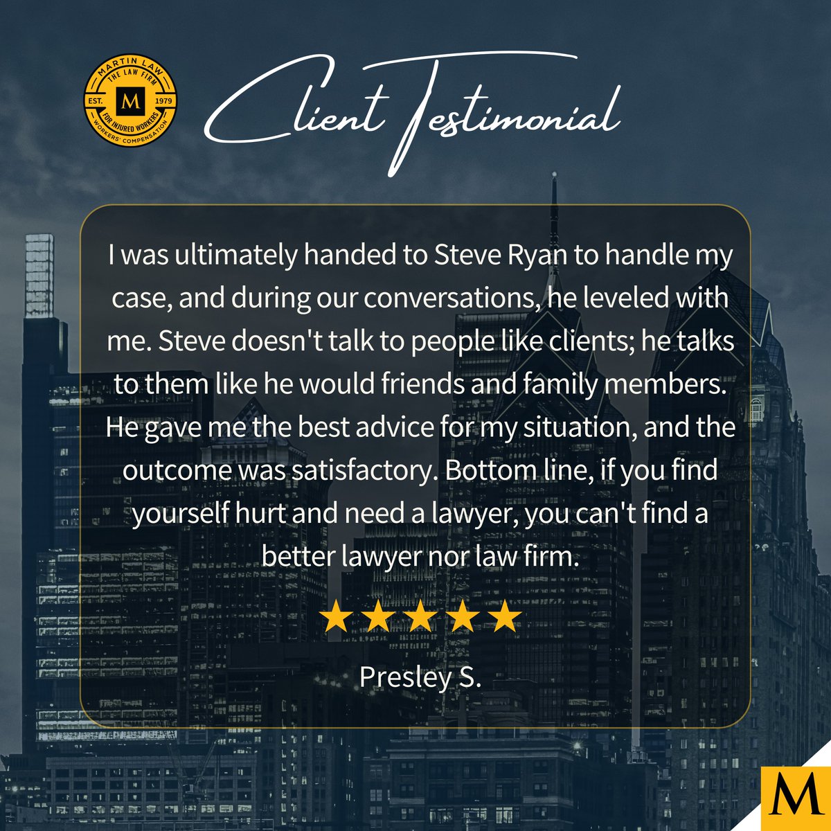 MartinLaw1979's tweet photo. Thank you to Presley for today's #TestimonialTuesday! We're proud to share this appreciation for Attorney Steve Ryan.

Injured on the job? Please do not hesitate to reach out.

📞 215.587.8400
🌐 https://t.co/BTwMmt4NcE

#WorkersCompensation #ClientTestimonial #ClientAppreciation https://t.co/yjnDMeymj4