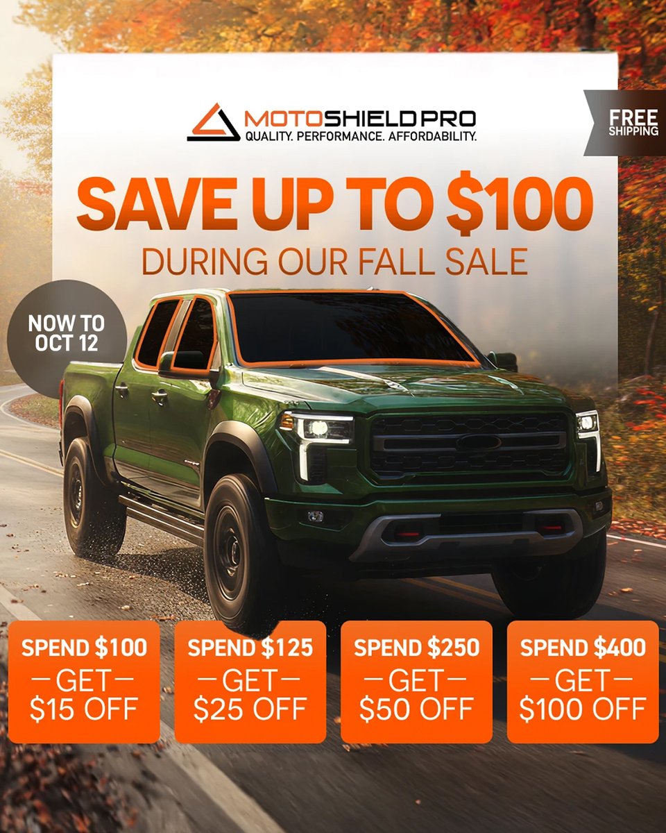 🍂 Don’t leaf your car unprotected! Rake in the savings this fall 🍂 

We’re dropping prices like leaves! 🍁
💰 $100+ → $15 OFF
💰 $125+ → $25 OFF
💰 $250+ → $50 OFF
💰 $400+ → $100 OFF

🚚 Plus FREE SHIPPING on all orders!

Shop on motoshieldpro.com