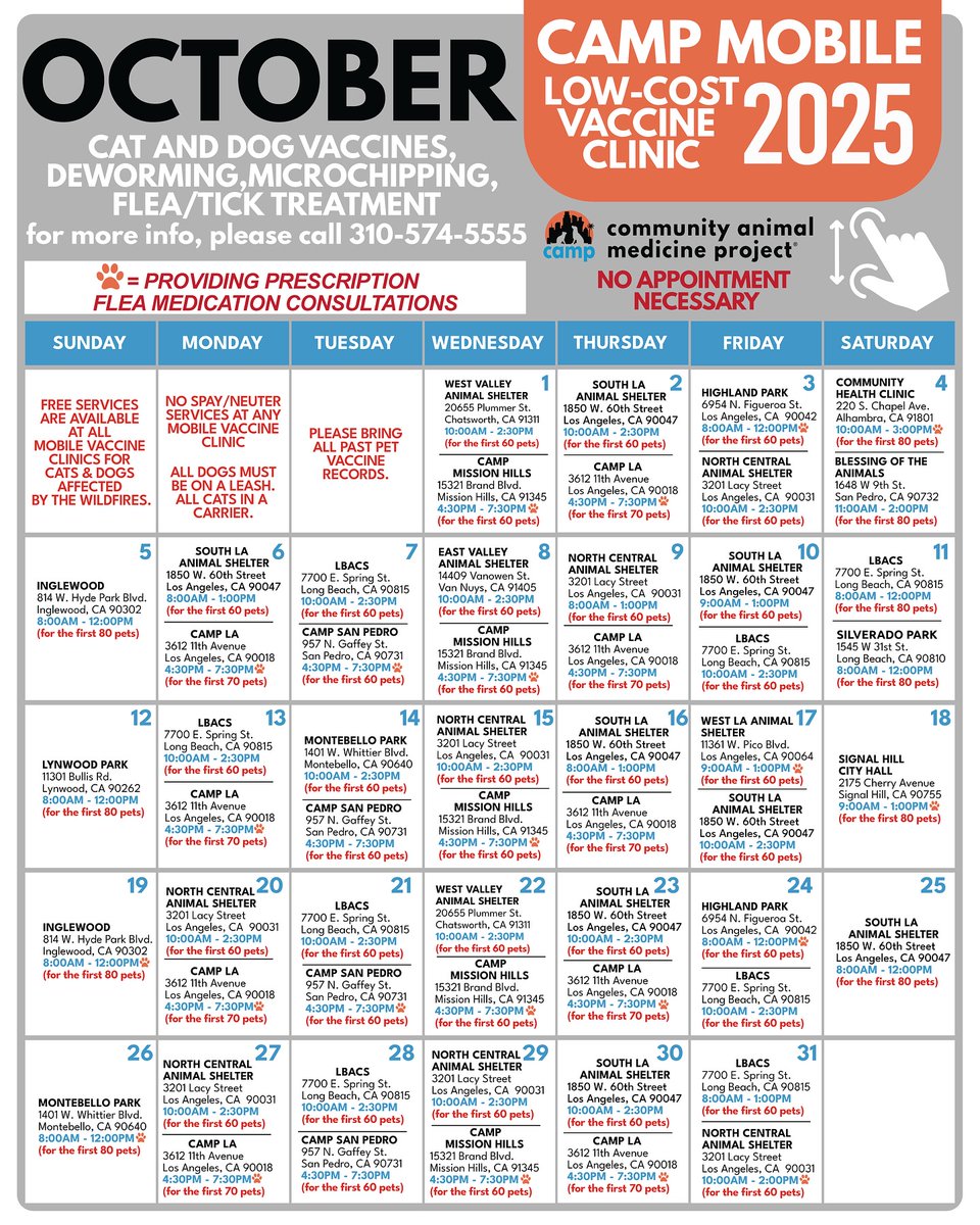 LACityPets's tweet photo. The October 2025 @campclinics walk-in vaccine clinic calendar is here! 🐾🎃✨
For vaccine information, please visit https://t.co/cPvZoPS1iJ #LACityPets #CAMPLA https://t.co/QSrhTJvZ4c