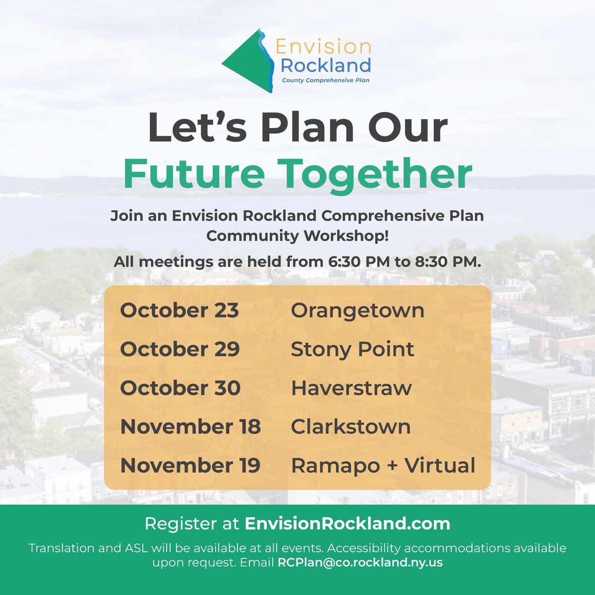 Let’s Plan Our Future Together!  

Community workshops kick off for Envision Rockland, your chance to shape the County’s vision for housing, parks, transportation &amp; more.

🤝 Meet neighbors. 💡 Share ideas. 📣 Speak up.

🌐 Learn more &amp; register at envisionrockland.com