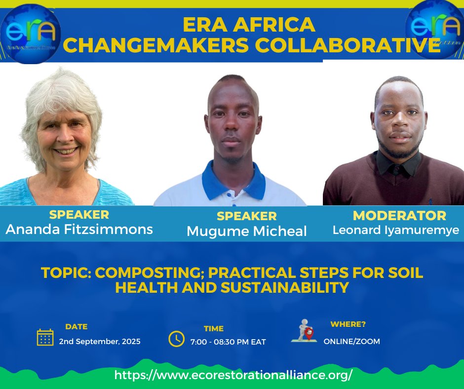 EcoResAlliance's tweet image. 🌱 Join us for a webinar on Composting: Practical Steps for Soil Health &amp;amp; Sustainability!

📅 Sept 2, 2025 | 🕖 7–8:30 PM EAT | 📍 Online/Zoom
Speakers: @AnandaFitzsimmons &amp;amp; @MugumeMicheal
Moderator: Leonard Iyamuremye
🔗chat.whatsapp.com/JVdkRkv9odmAWz…
#SoilHealth #Composting #land