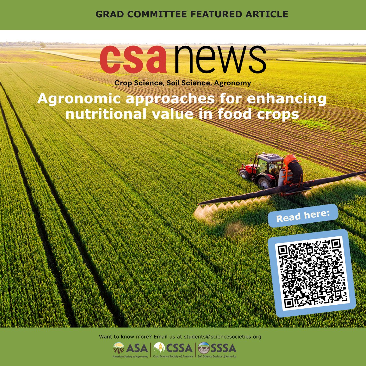 🌾 Ag professionals can also boost nutrition! This month’s Grad Committee article in CSA News highlights agronomic strategies to enhance the nutritional value of food crops.

👉 Read more: sciencesocieties.org/publications/c…

#SoilHealth #Nutrition #SustainableAg