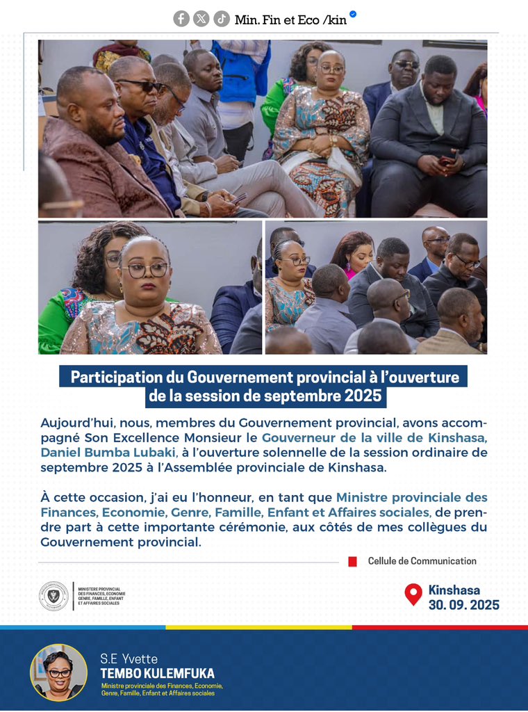 #Kinshasa : lancement officiel de la session ordinaire de septembre 2025 à l’Assemblée provinciale. 
<a href="/GouvernoratK/">Gouvernorat de Kinshasa</a> <a href="/apkinshasa243/">Assemblée Provinciale de Kinshasa</a>