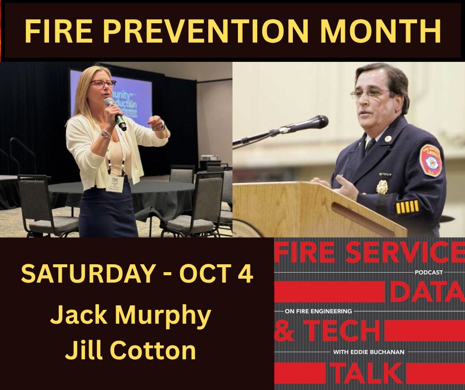 DataTechTalk's tweet image. Fire Prevention Month kicks off in October! The next edition of the Fire Service Data &amp;amp; Tech Talk Podcast features two greats in the field of Fire Prevention! Jill C. Cotton and Jack J. Murphy join me to discuss building technology and fire code inspections! @fireengineering
