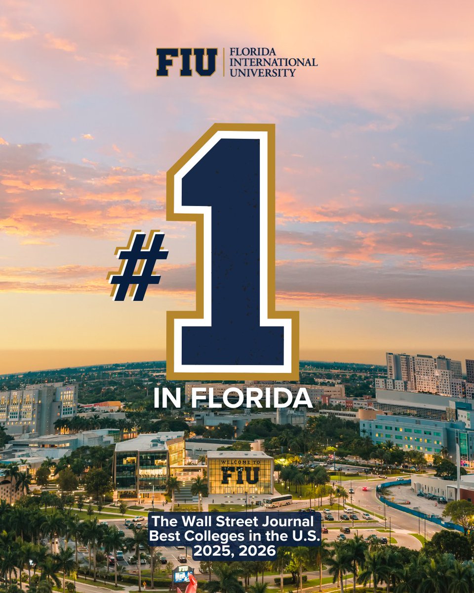 FIU has been ranked the No. 1 university in Florida for the second year in a row by The Wall Street Journal/College Pulse 2026 Best Colleges in the U.S. rankings. Nationally, FIU climbed 23 spots to No. 54 in the overall ranking, reflecting our commitment to academic excellence,