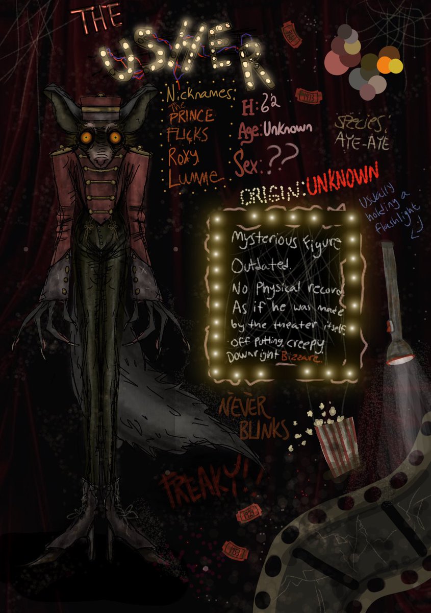 new oc drop, the decrepit cinema usher. A super mysterious and weird figure trapped in an even weirder theater. Happy spooky season!