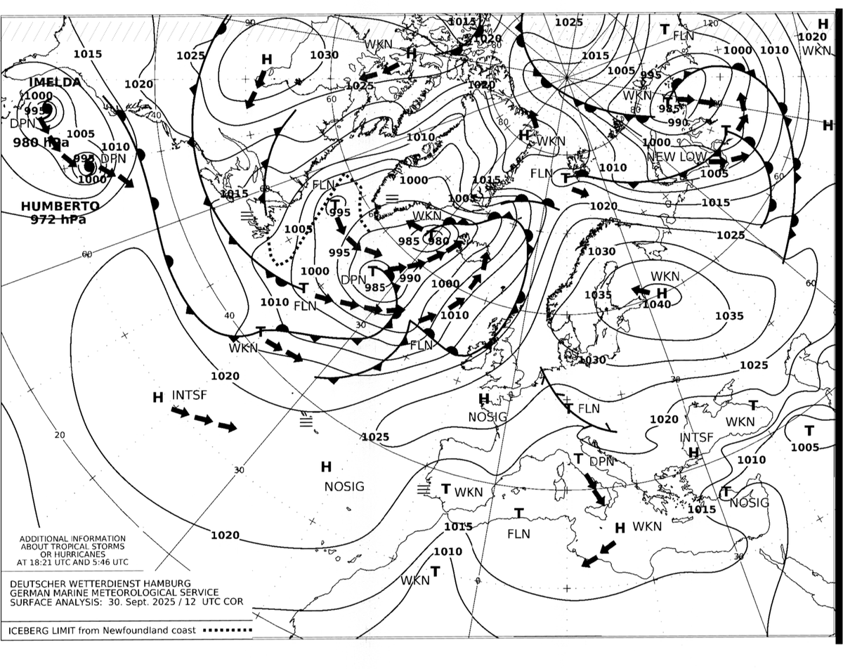 dcardenosa's tweet photo. Esta tarde he decodificado un FAX de la estacion DDK6 en 13881kHz con #openwebrx+ que parece descargado de internet de lo nitido que ha salido 😀  Por ahi se ve el #Huracan  #Humberto e #Inelda de paseo por el Atlantico. https://t.co/tmV8hJaidl https://t.co/TNoWi9d400