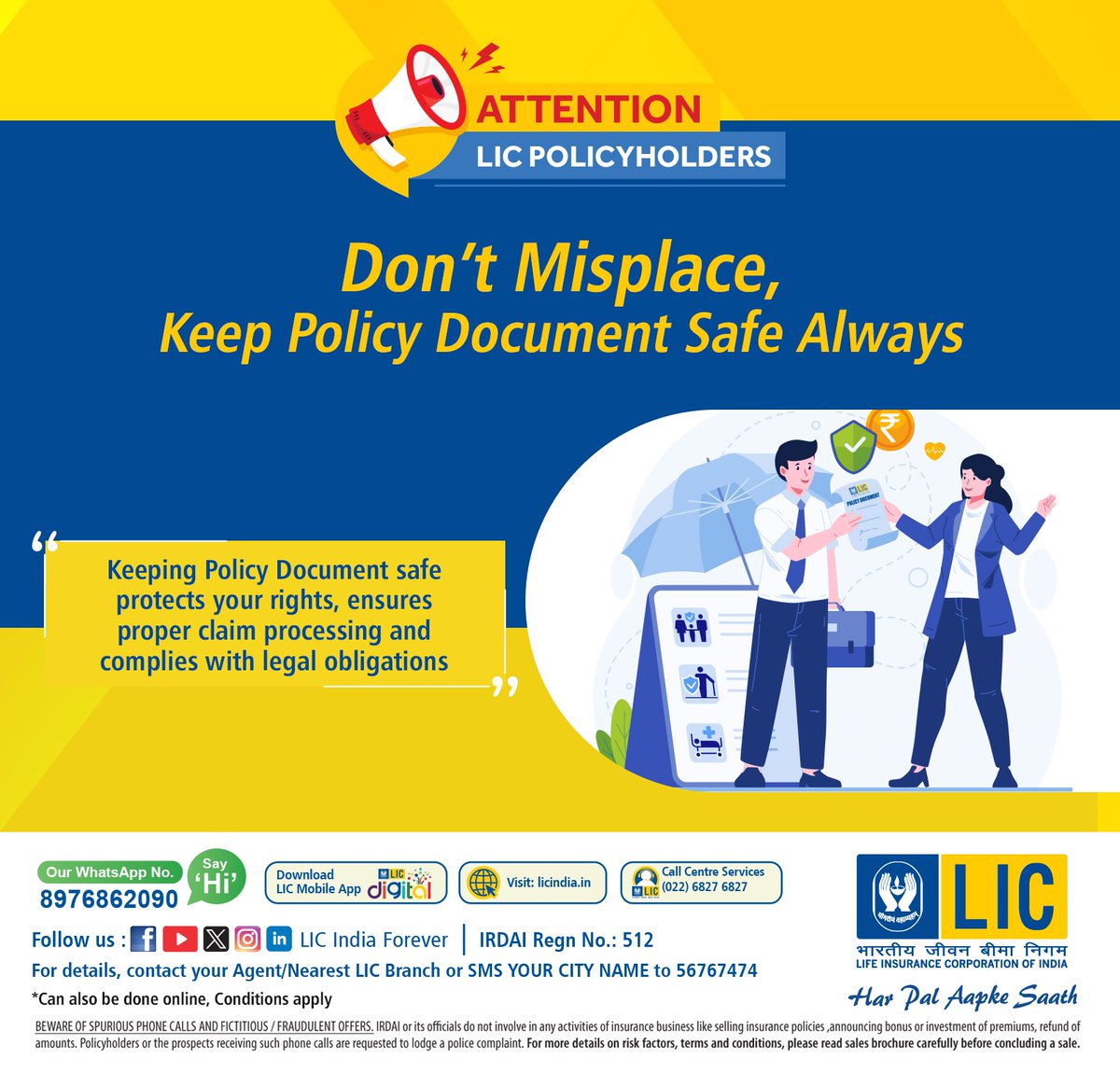 LICIndiaForever's tweet photo. Don’t Misplace, Keep Your Policy Document Safe Always! Your policy document is more than just paper—it protects your rights, ensures smooth claim processing, and helps you comply with legal requirements. Be responsible. Be prepared.
#LIC #PolicySafety #StaySecure #StayAlert https://t.co/ttFim3VFbI