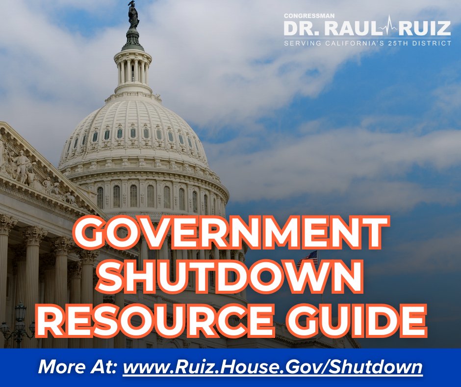 RepRaulRuizMD's tweet photo. A Republican government shutdown is just hours away. Even with full control of Congress and the White House, they’re choosing chaos that working people can’t afford. I’ll keep fighting to protect your health care, lower costs, and ensure government works for you.
I know a shutdown brings uncertainty and worry for many of you, so I’ve created this resource guide to help explain what it means, how it could affect your daily life, and answer your most pressing questions. (1/2)
