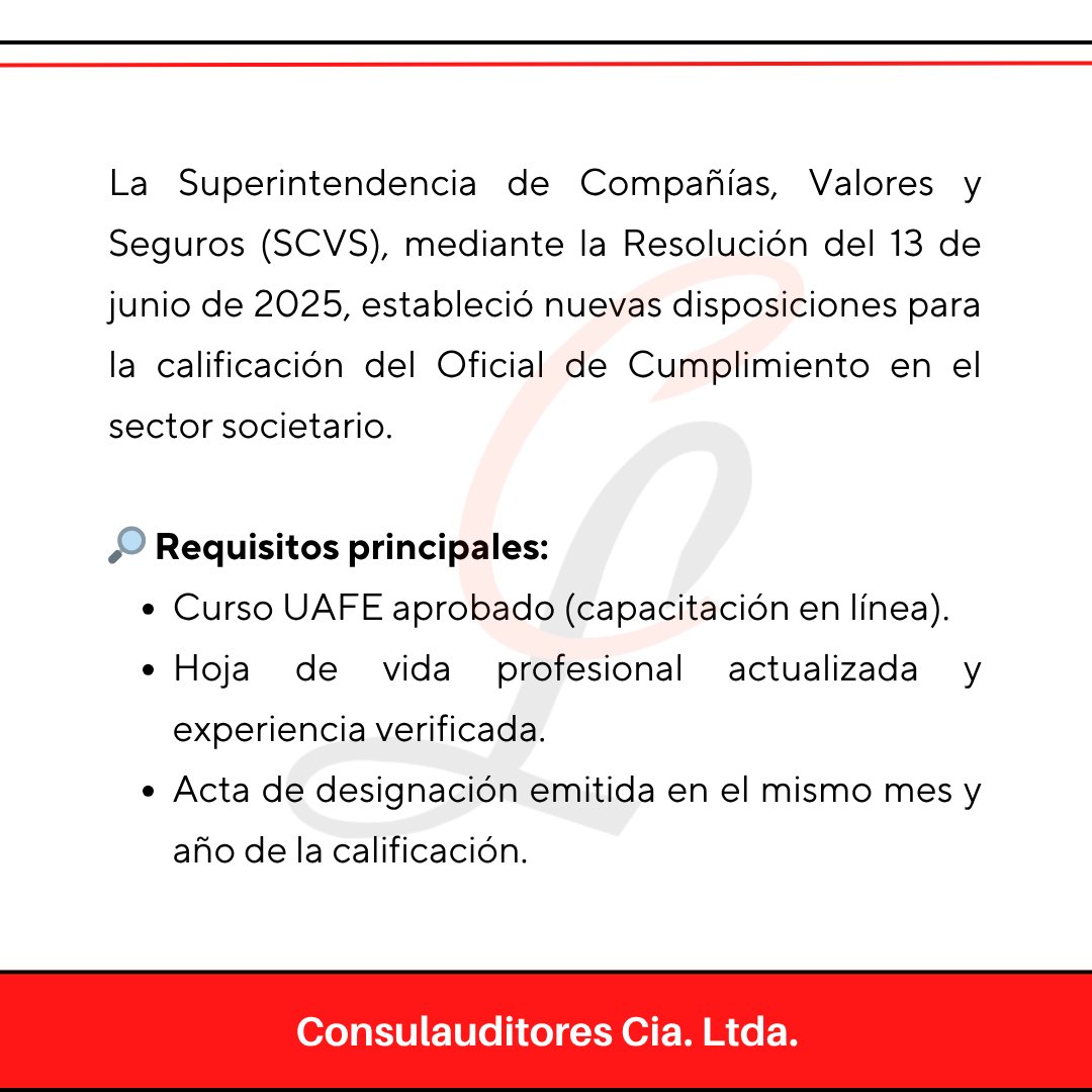 auditor_uio's tweet image. 📢 La SCVS fija nuevos requisitos para la calificación del Oficial de Cumplimiento.

⚠️ Incumplir puede implicar suspensión o rechazo.

#SCVS #CumplimientoNormativo #OficialDeCumplimiento #PrevenciónLavadoActivos #RegulaciónEcuador #SectorSocietario #UAFE #Consulauditores