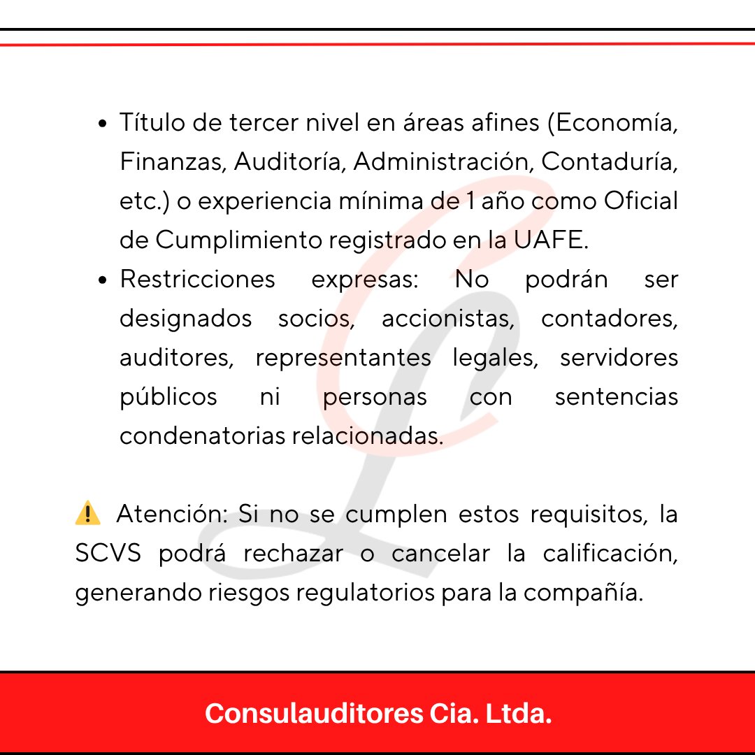 auditor_uio's tweet image. 📢 La SCVS fija nuevos requisitos para la calificación del Oficial de Cumplimiento.

⚠️ Incumplir puede implicar suspensión o rechazo.

#SCVS #CumplimientoNormativo #OficialDeCumplimiento #PrevenciónLavadoActivos #RegulaciónEcuador #SectorSocietario #UAFE #Consulauditores