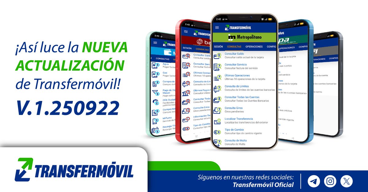 ¡Así luce la nueva versión de Transfermóvil! ✨

Ahora con cambios en el diseño gráfico de la interfaz para ofrecerte una experiencia renovada. 👩🏻‍💻

¿Qué hay de nuevo? 🔍
🔸 Rediseño de la iconografía
🔸 Colores frescos alineados a la identidad de los Bancos

¡Descárgala ya! 👏