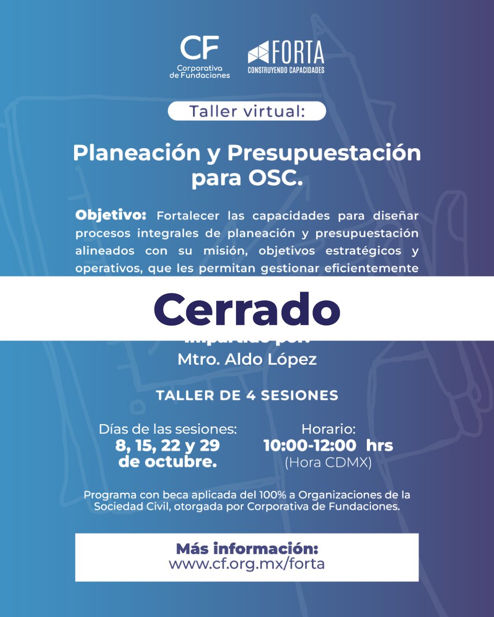 ¡Cierre de registro para taller!

Agradecemos a las OSC que se registraron en el Taller virtual “Planeación y Presupuestación para OSC”.

Pronto recibirán un correo con las indicaciones para unirse a las sesiones.

Conoce FORTA: forta.cf.org.mx

#𝗖𝗙ortaletuOSC
