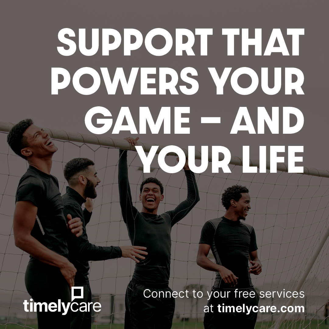 Your body isn’t the only thing that needs training.
That’s why we’ve partnered with TimelyCare to offer free, 24/7 virtual health and well-being support for student-athletes.

Register today at timelycare.com