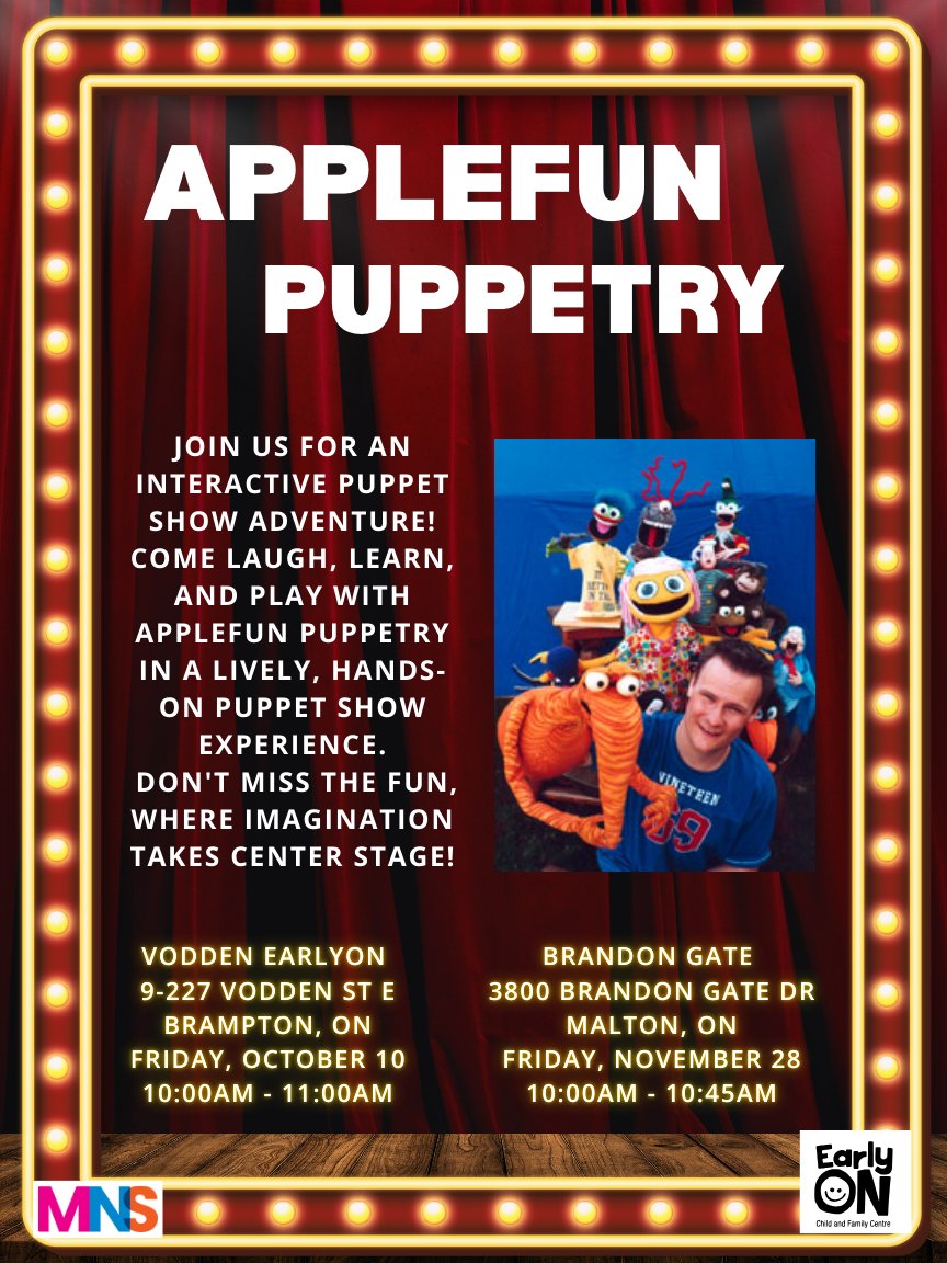 Join Us for an Interactive Puppet Show Adventure!
Come laugh, learn, and play with APPLEFUN Puppetry in a lively, hands-on puppet show experience.
Please see the flyer for EarlyON location details and program times.