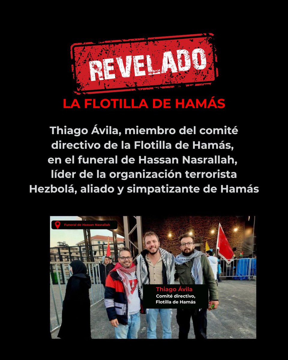 Uno de los organizadores de la flotilla de Hamás es el fan de Hezbolá, Thiago Ávila.  
La flotilla de Hamás rechazó todos los compromisos propuestos, incluidos los del Papa, para trasladar la ayuda a Gaza.  
No se trata de la ayuda, no les importan los civiles. Es pura