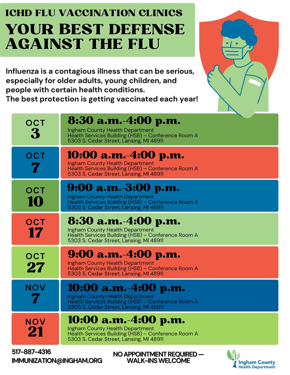 Ingham County Health Department is holding public flu vaccination clinics:

Oct 3, 7, 10, 17, 27
Nov 7, 21

HSB – Conf. Room A, 5303 S. Cedar St., Lansing
Walk-ins welcome.

Details: bit.ly/3KqhlSN