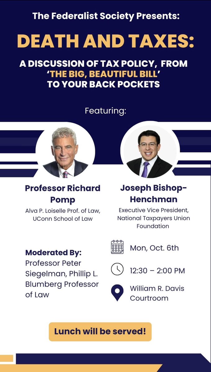 allynjwright's tweet image. The UConn Law School Chapter of the Federalist Society invites you to a riveting discussion of the perils and possibilities of tax policy, featuring UConn Law's own Alva P. Loiselle Professor of Law, Professor Richard Pomp and the Executive Vice President of The National…